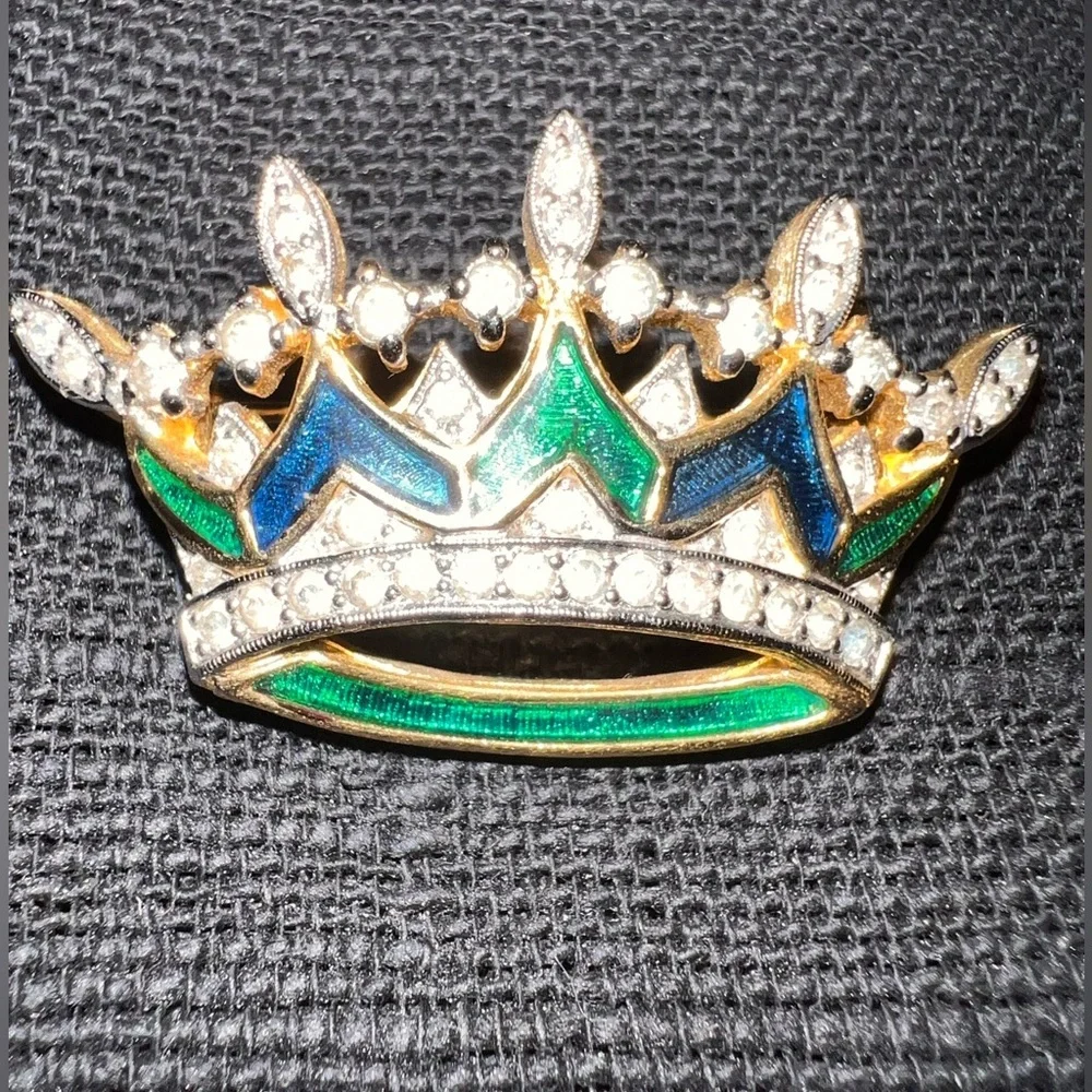Vintage Rare Polcini Guilloche Blue Green Enamel Rhinestone Crown Brooch Gold.